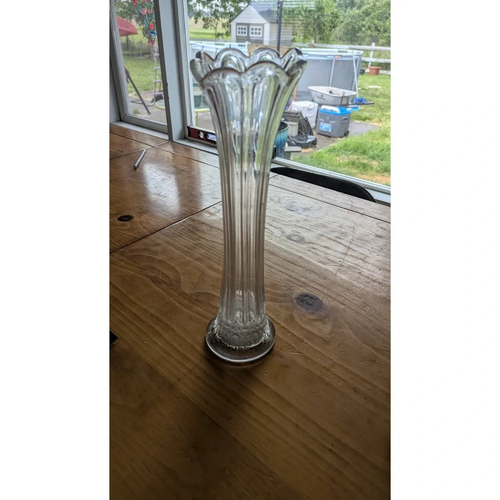 Vintage Clear Glass Fluted Bud Vase Scalloped Rim Ribbed Trumpet 12.5 Inch